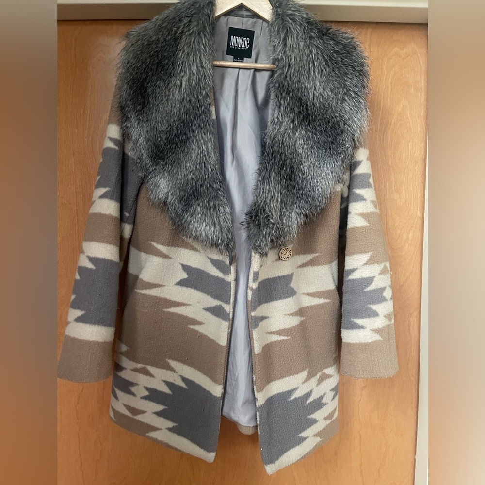 Faux, fur, and fleece lined print coat